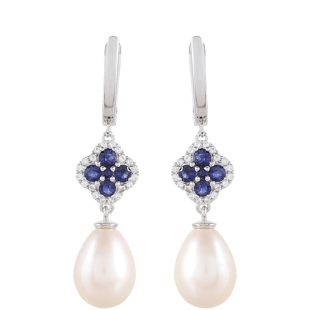 Cercei din Argint 925 ( 2.34 grame ) cu Safir Thailandez și Perlă de Apă Dulce Albă 13.05 Carate