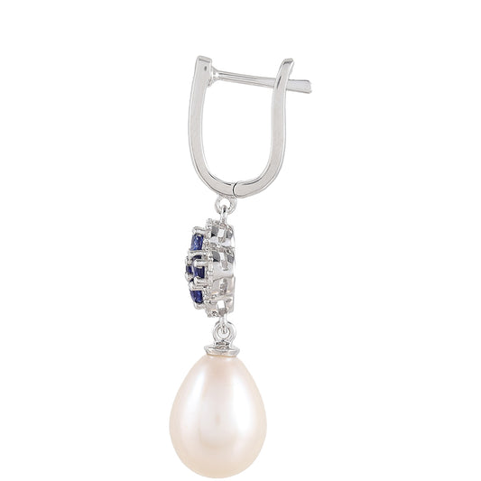 Cercei din Argint 925 ( 2.34 grame ) cu Safir Thailandez și Perlă de Apă Dulce Albă 13.05 Carate