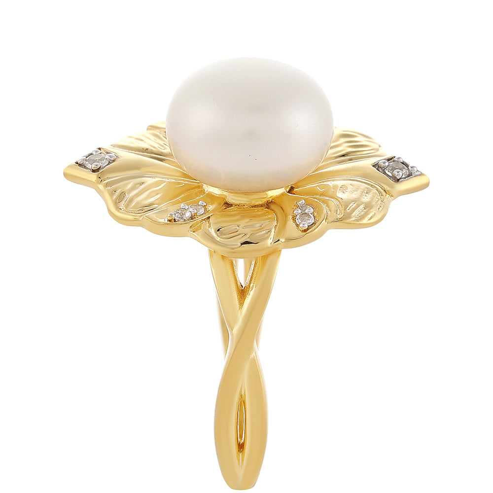 Inel din Argint 925 Placat cu Aur ( 4.81 grame ) cu Perlă de Cultură și Topaz Alb 5.96 Carate 2 