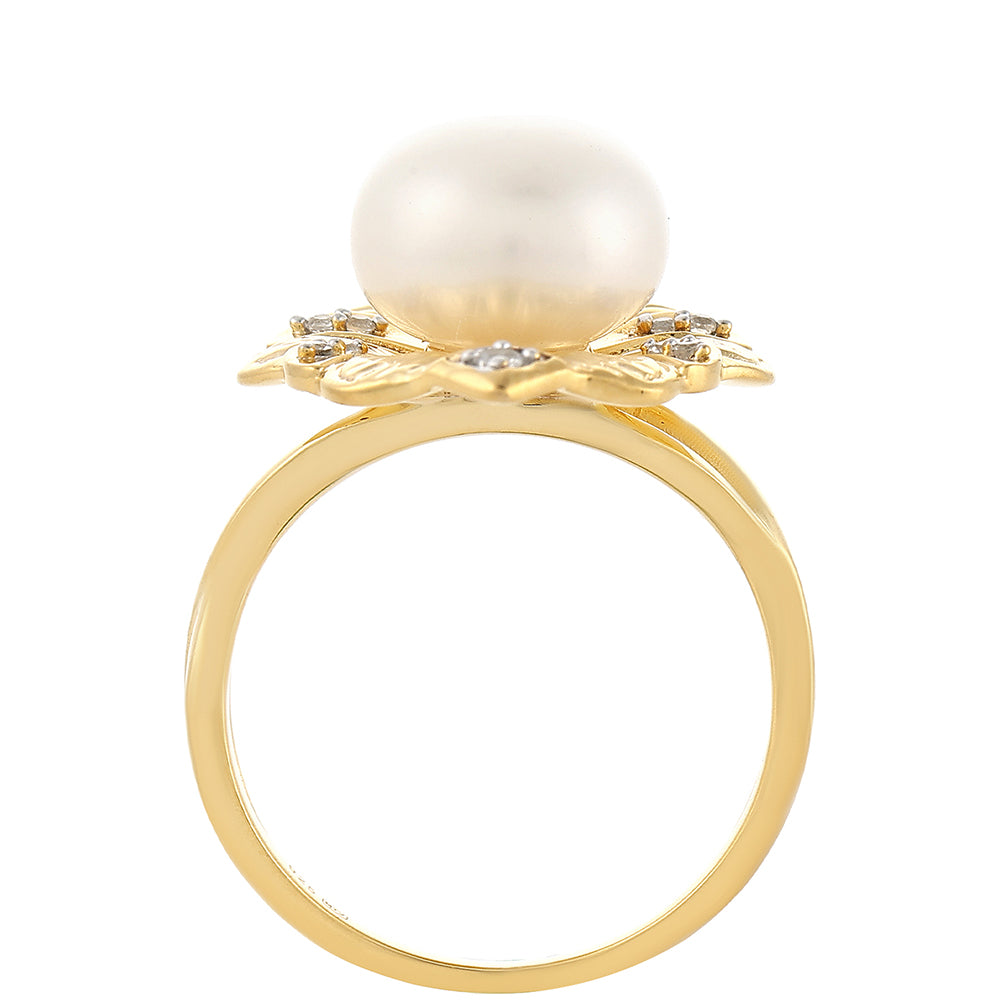 Inel din Argint 925 Placat cu Aur ( 4.81 grame ) cu Perlă de Cultură și Topaz Alb 5.96 Carate 3 