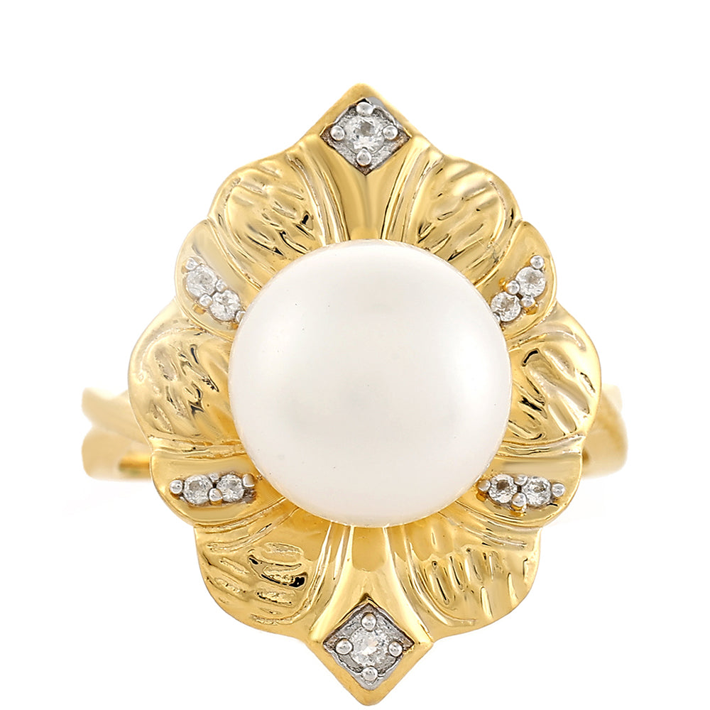 Inel din Argint 925 Placat cu Aur ( 4.81 grame ) cu Perlă de Cultură și Topaz Alb 5.96 Carate 1 