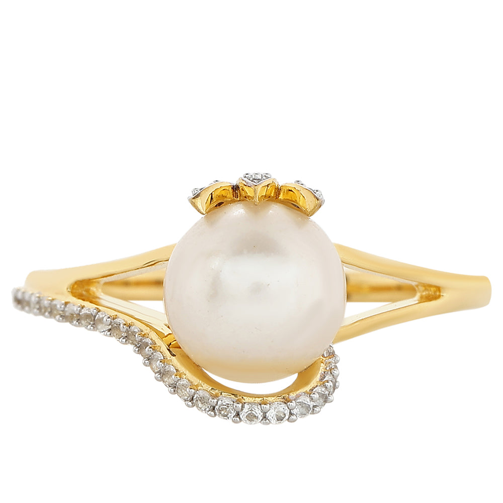 Inel din Argint 925 Placat cu Aur ( 2.28 grame ) cu Perlă de Cultură și Topaz Alb 2.84 Carate