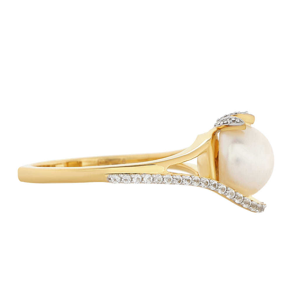 Inel din Argint 925 Placat cu Aur ( 2.28 grame ) cu Perlă de Cultură și Topaz Alb 2.84 Carate 2 