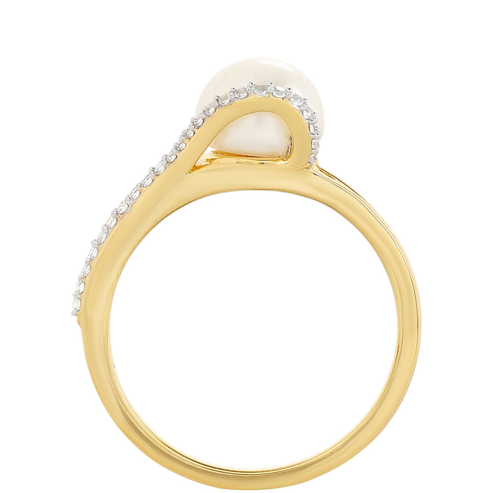 Inel din Argint 925 Placat cu Aur ( 2.28 grame ) cu Perlă de Cultură și Topaz Alb 2.84 Carate