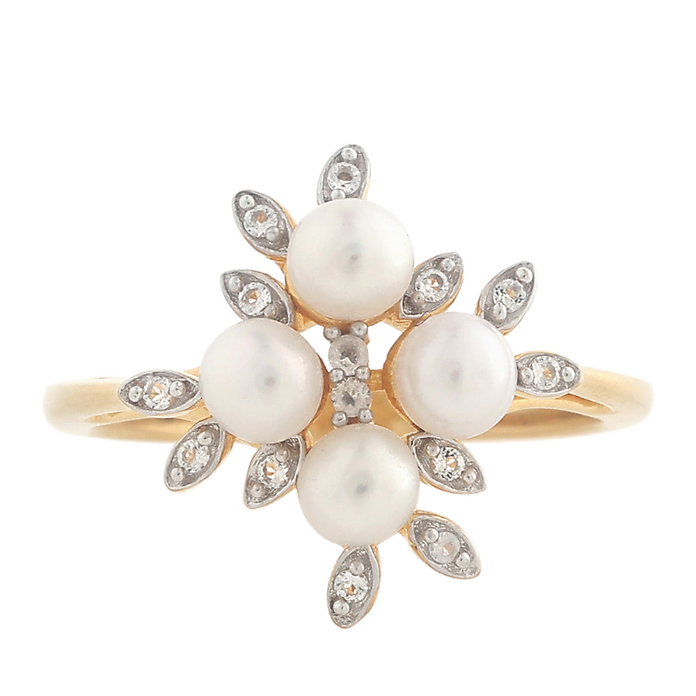 Inel din Argint 925 Placat cu Aur ( 2.57 grame ) cu Perlă de Cultură și Topaz Alb 1.44 Carate