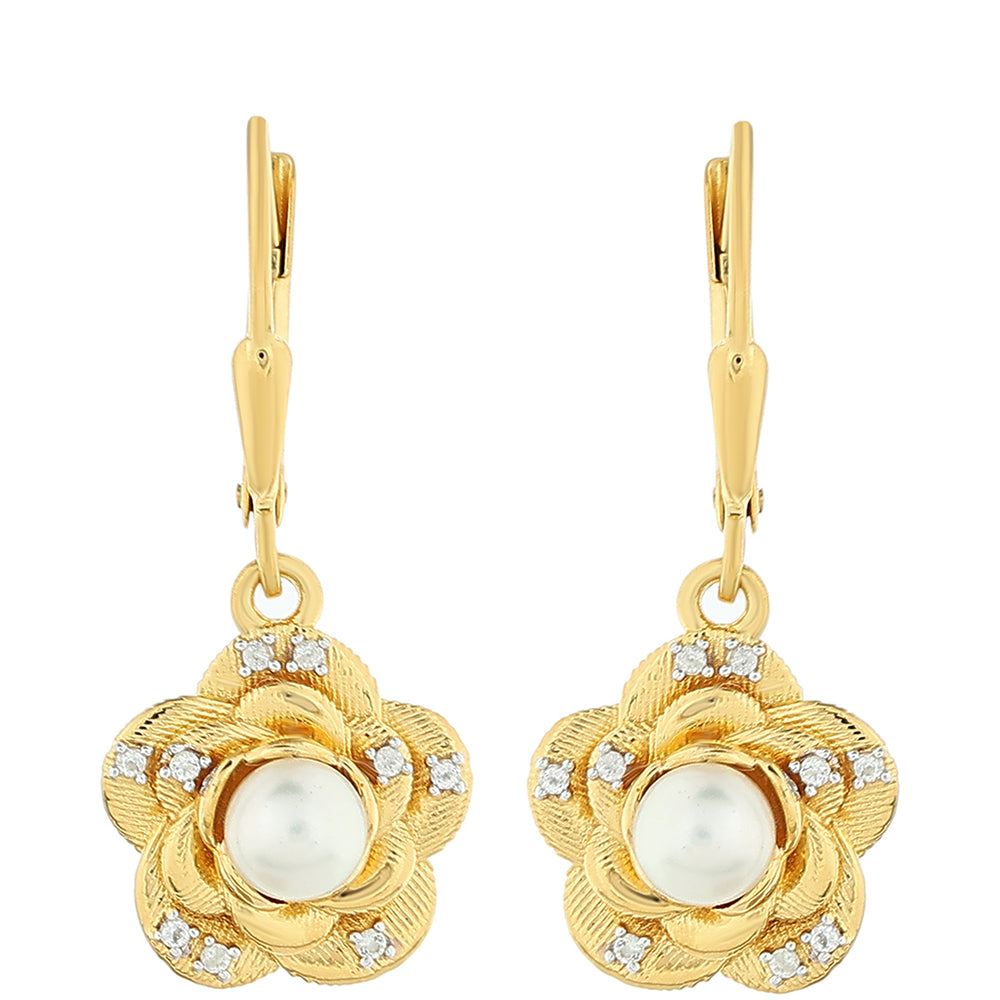 Cercei din Argint 925 Placat cu Aur ( 3.93 grame ) cu Perlă de Cultură și Topaz Alb 1.18 Carate