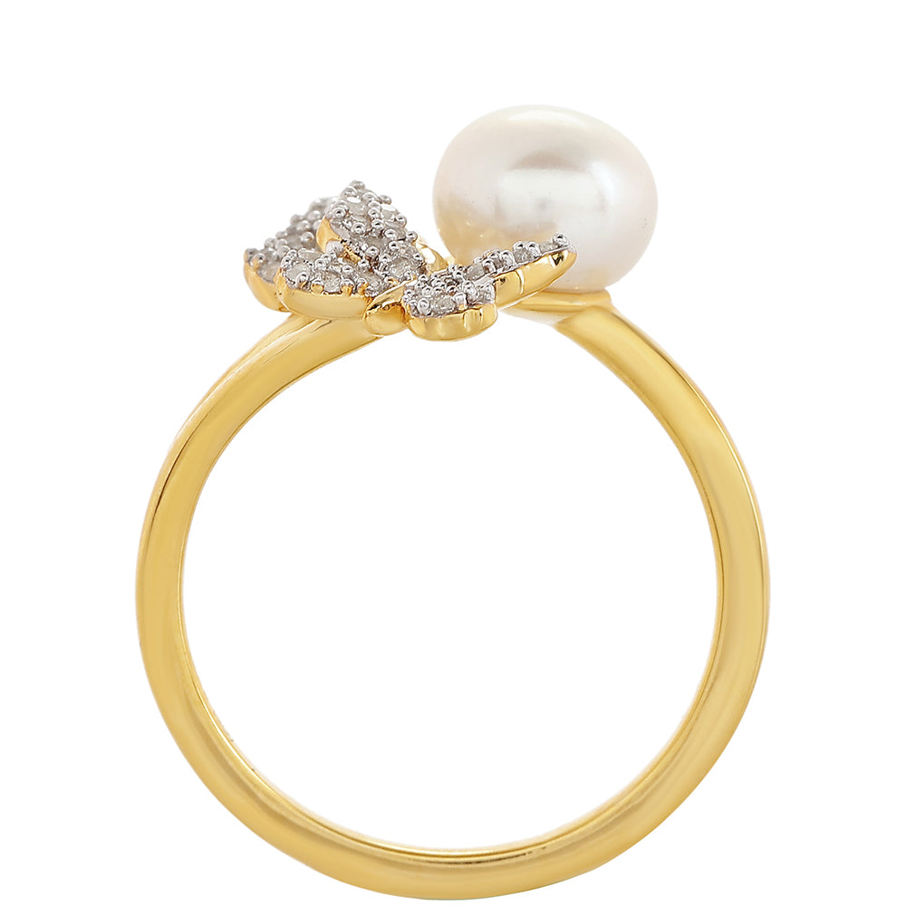 Inel din Argint 925 Placat cu Aur ( 2.39 grame ) cu Perlă de Cultură și Topaz Alb 2.37 Carate