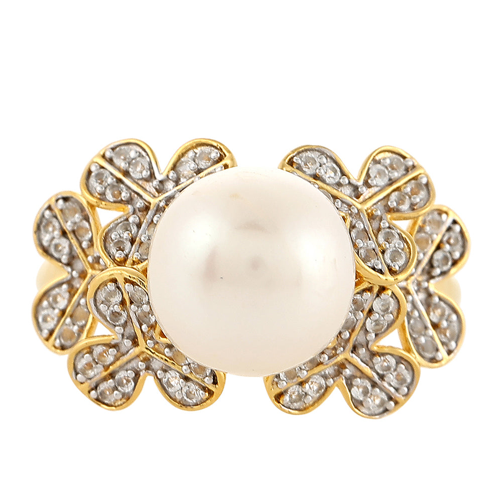 Inel din Argint 925 Placat cu Aur ( 4.07 grame ) cu Perlă de Cultură și Topaz Alb 6.87 Carate 1 