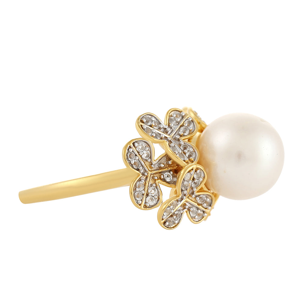 Inel din Argint 925 Placat cu Aur ( 4.07 grame ) cu Perlă de Cultură și Topaz Alb 6.87 Carate 2 