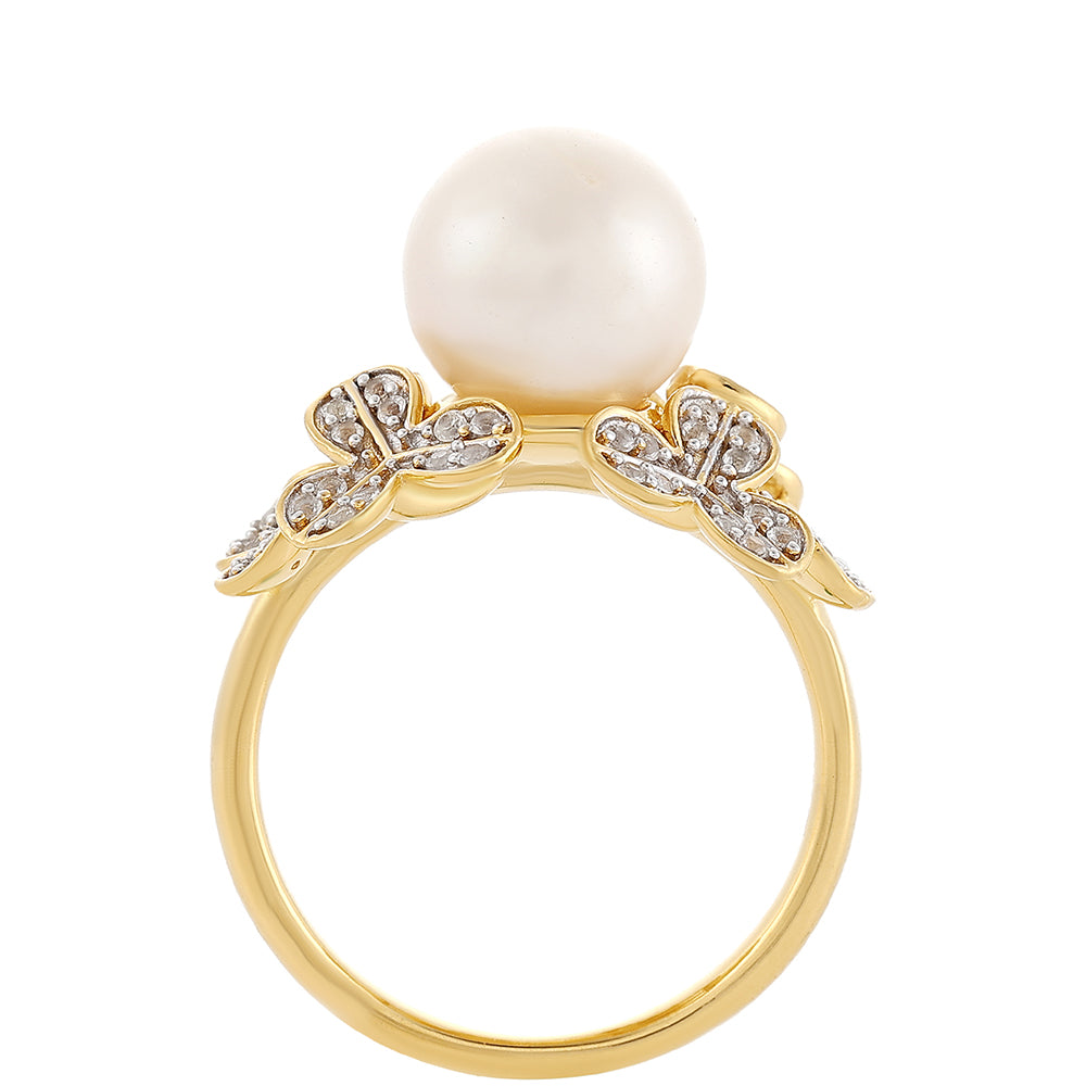 Inel din Argint 925 Placat cu Aur ( 4.07 grame ) cu Perlă de Cultură și Topaz Alb 6.87 Carate