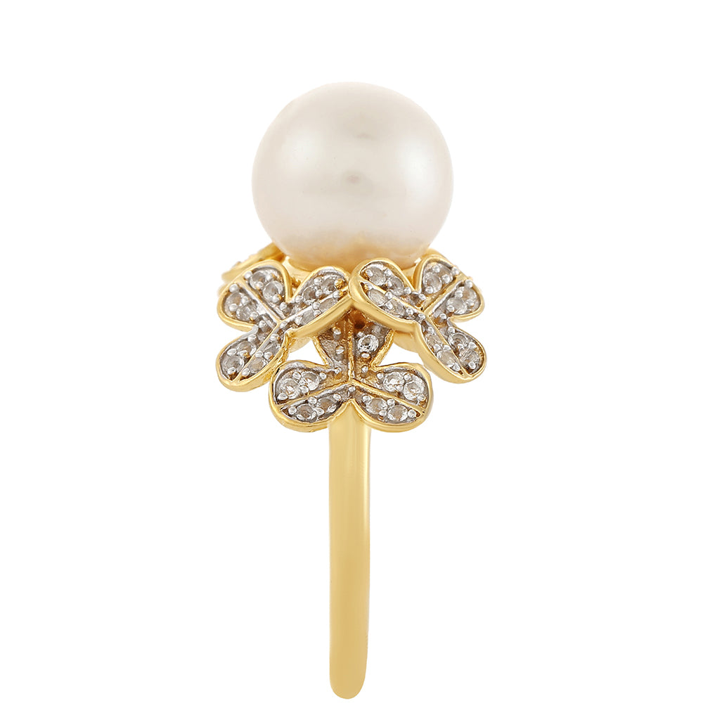 Inel din Argint 925 Placat cu Aur ( 4.07 grame ) cu Perlă de Cultură și Topaz Alb 6.87 Carate 4 