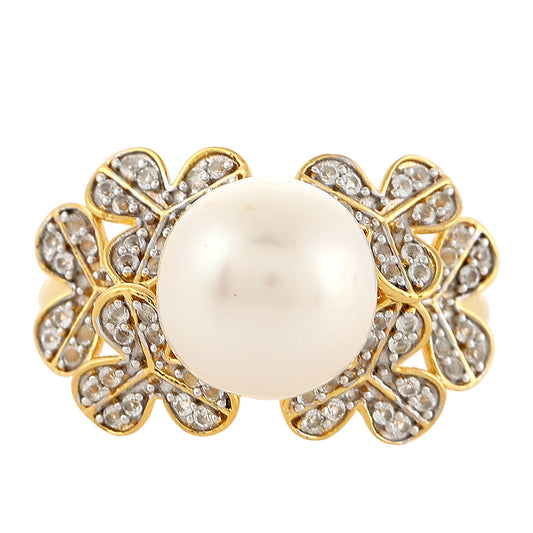 Inel din Argint 925 Placat cu Aur ( 4.07 grame ) cu Perlă de Cultură și Topaz Alb 6.87 Carate