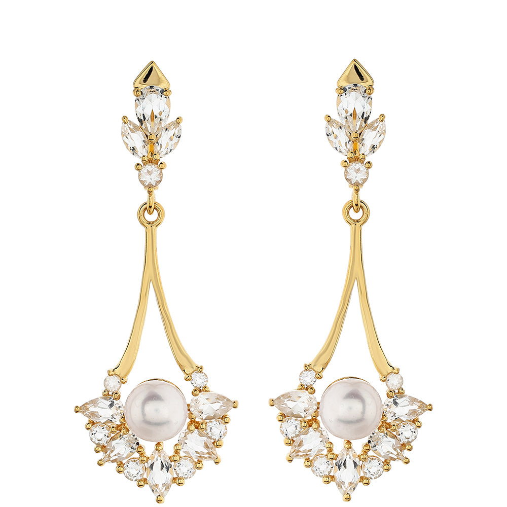 Cercei din Argint 925 Placat cu Aur ( 3.41 grame ) cu Perlă de Cultură și Topaz Alb 10.28 Carate 1 