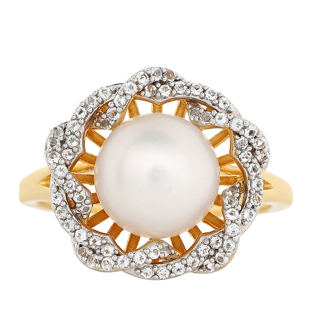 Inel din Argint 925 Placat cu Aur ( 4.04 grame ) cu Perlă de Cultură și Topaz Alb 4.47 Carate 1 