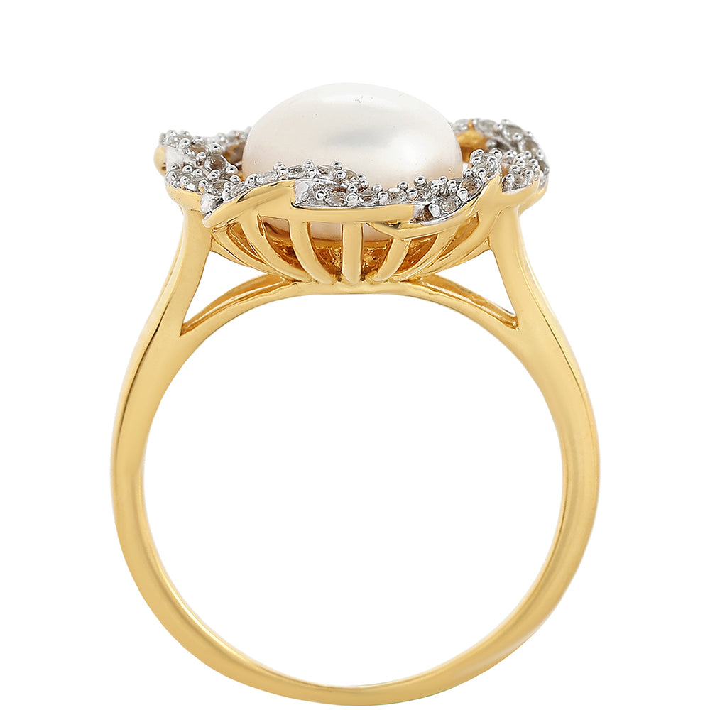 Inel din Argint 925 Placat cu Aur ( 4.04 grame ) cu Perlă de Cultură și Topaz Alb 4.47 Carate 3 