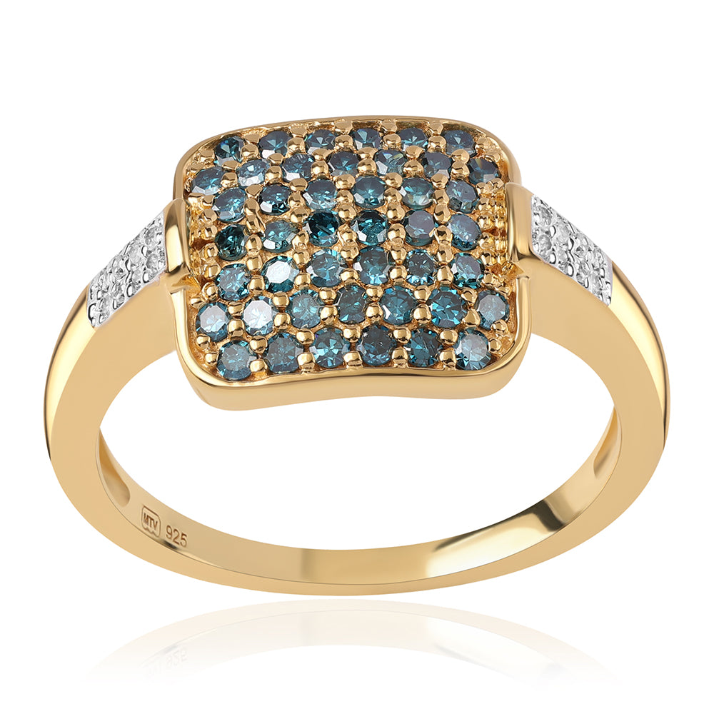 Inel din Argint 925 Placat cu Aur ( 3.73 grame ) cu Diamant Albastru și Diamant Alb 0.74 Carate