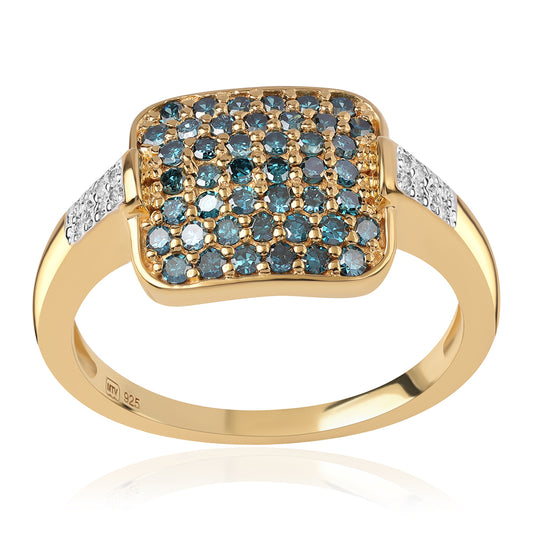 Inel din Argint 925 Placat cu Aur ( 3.73 grame ) cu Diamant Albastru și Diamant Alb 0.74 Carate