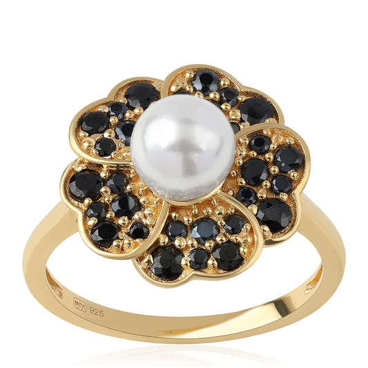 Inel din Argint 925 Placat cu Aur ( 4.15 grame ) cu Spinel Negru și Perlă de Apă Dulce Albă 3.46 Carate