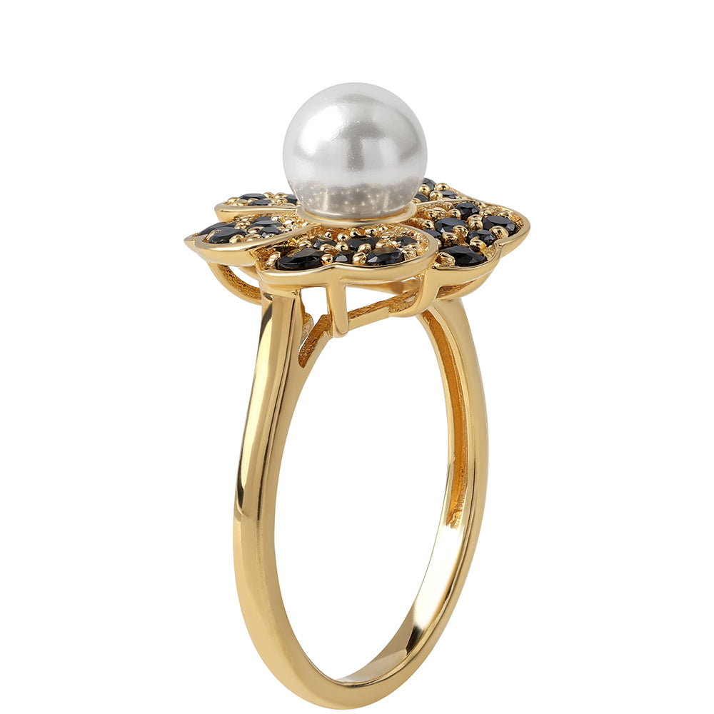 Inel din Argint 925 Placat cu Aur ( 4.15 grame ) cu Spinel Negru și Perlă de Apă Dulce Albă 3.46 Carate 2 