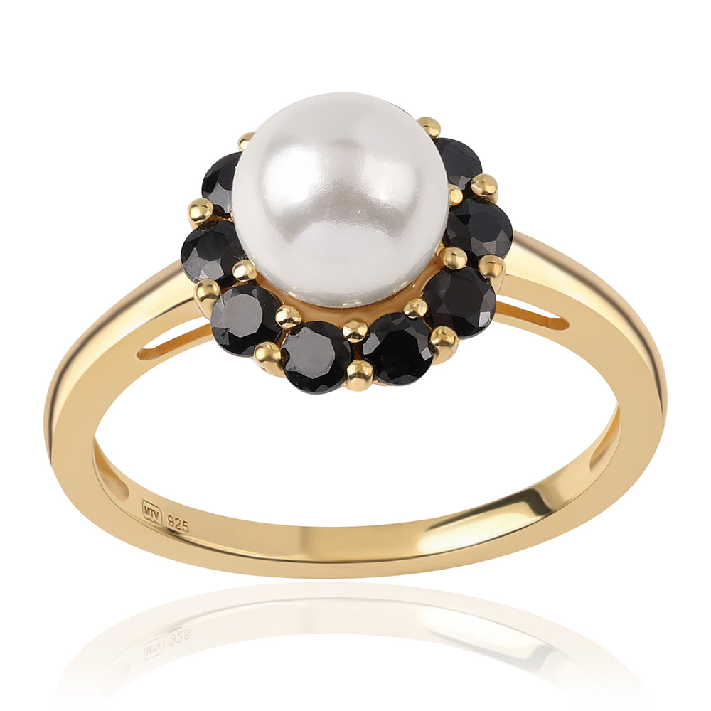 Inel din Argint 925 Placat cu Aur ( 2.49 grame ) cu Spinel Negru și Perlă de Apă Dulce Albă 3.42 Carate