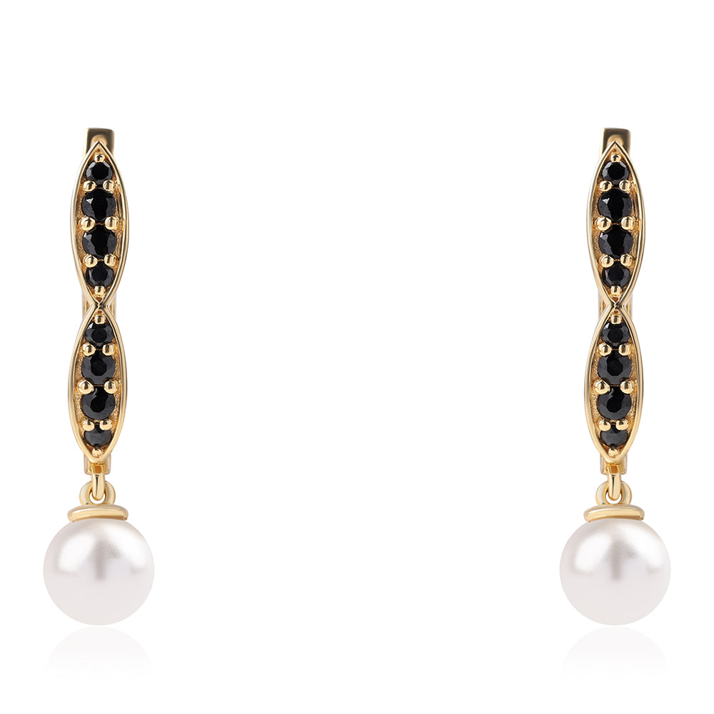 Cercei din Argint 925 Placat cu Aur ( 4.26 grame ) cu Spinel Negru și Perlă de Apă Dulce Albă 7.91 Carate 1 