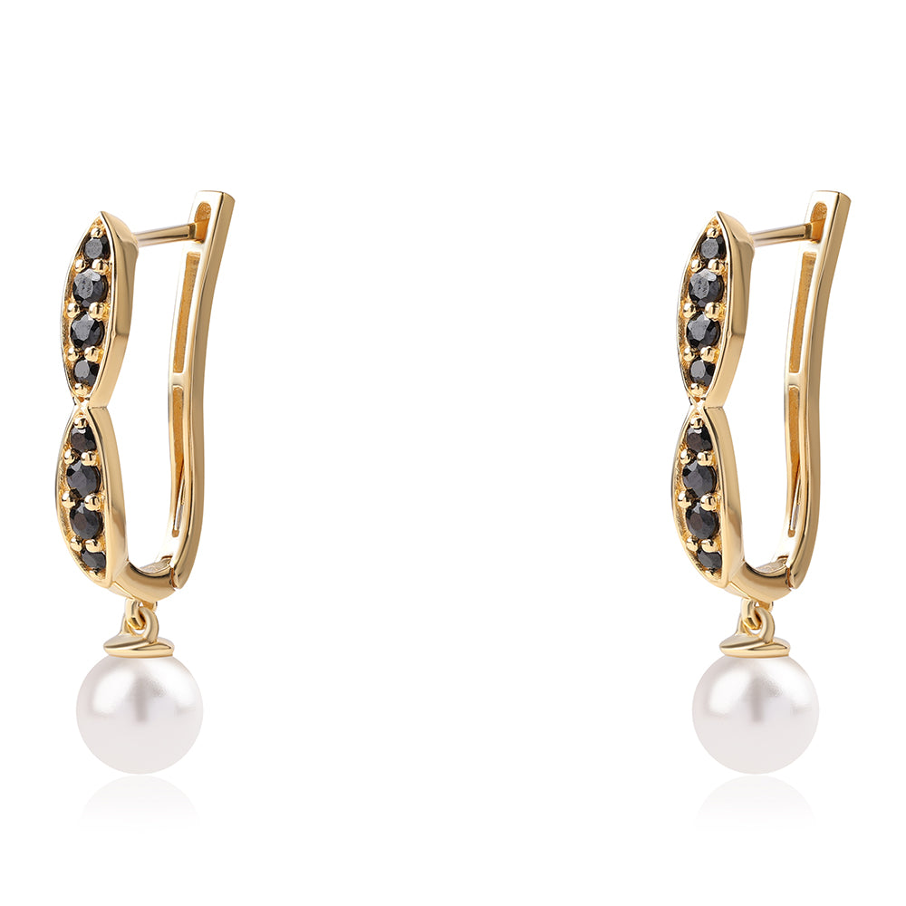Cercei din Argint 925 Placat cu Aur ( 4.26 grame ) cu Spinel Negru și Perlă de Apă Dulce Albă 7.91 Carate