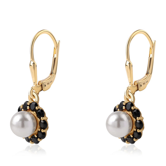 Cercei din Argint 925 Placat cu Aur ( 2.28 grame ) cu Spinel Negru și Perlă de Apă Dulce Albă 3.42 Carate
