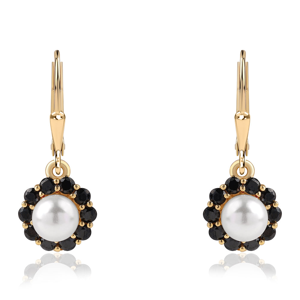 Cercei din Argint 925 Placat cu Aur ( 2.28 grame ) cu Spinel Negru și Perlă de Apă Dulce Albă 3.42 Carate 4 