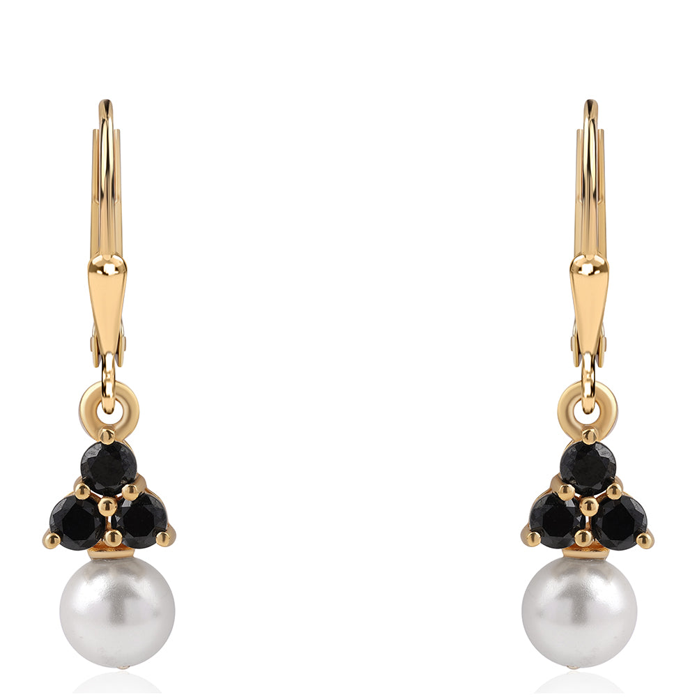 Cercei din Argint 925 Placat cu Aur ( 1.64 grame ) cu Spinel Negru și Perlă de Apă Dulce Albă 3.73 Carate