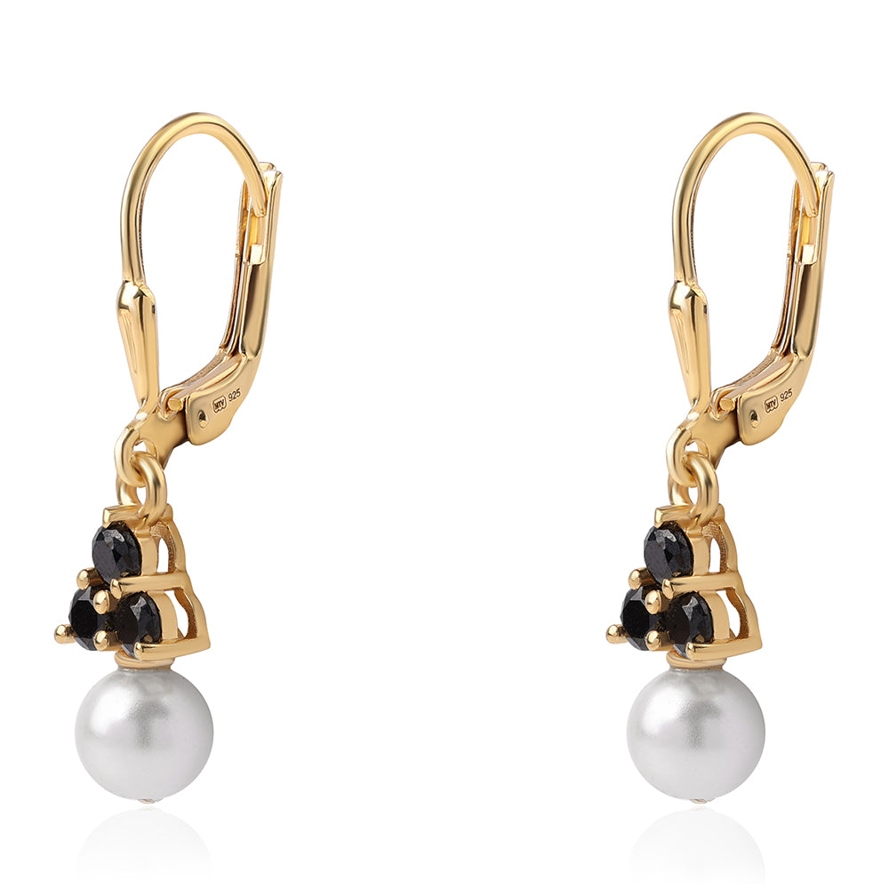 Cercei din Argint 925 Placat cu Aur ( 1.64 grame ) cu Spinel Negru și Perlă de Apă Dulce Albă 3.73 Carate 3 