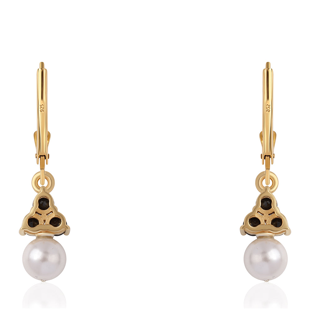Cercei din Argint 925 Placat cu Aur ( 1.64 grame ) cu Spinel Negru și Perlă de Apă Dulce Albă 3.73 Carate 6 