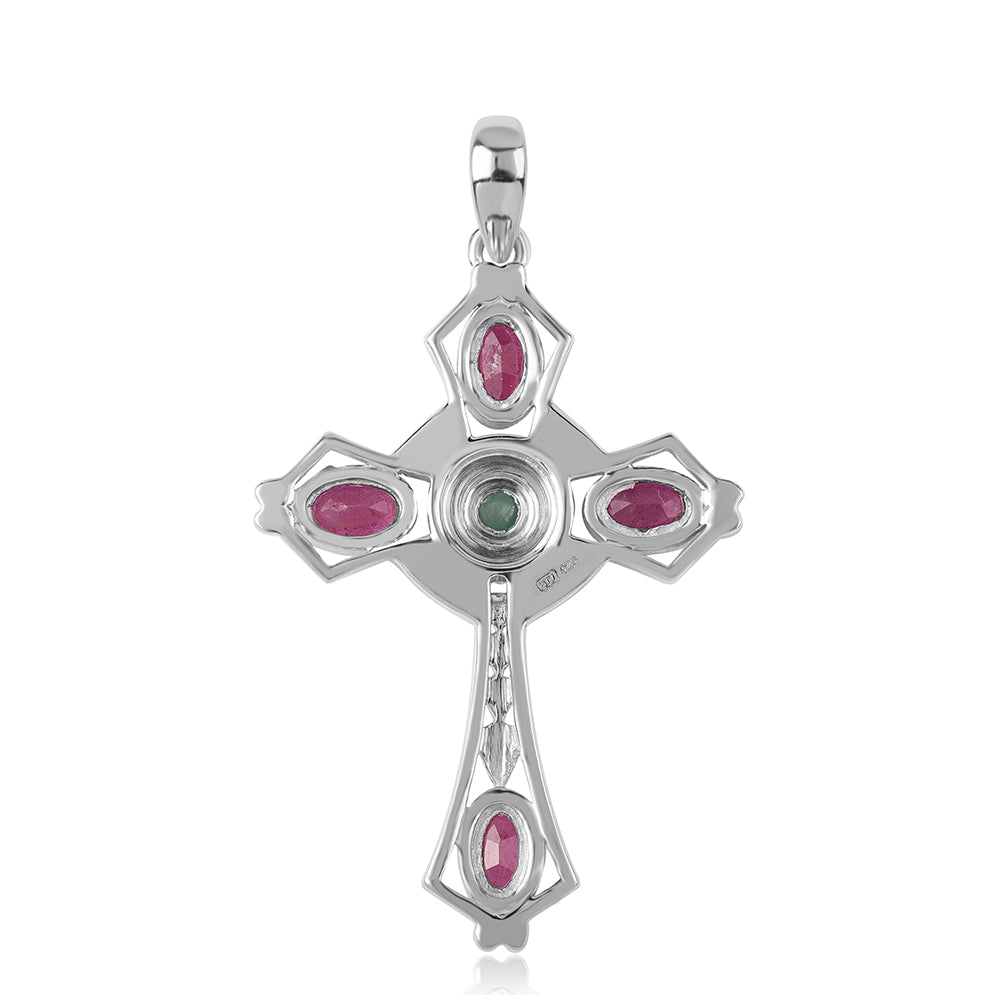 Cruce Pandantiv din Argint 925 ( 4.02 grame ) cu Smarald Brazilian și Rubin Mozambic 1.54 Carate 5 