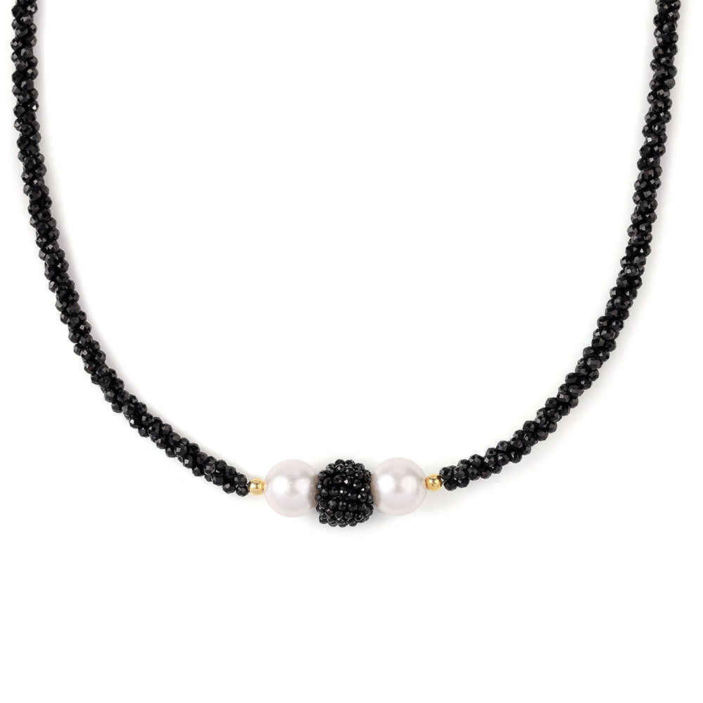 Colier din Argint 925 Placat cu Aur ( 0.96 grame ) cu Spinel Negru și Perlă de Apă Dulce Albă 79 Carate
