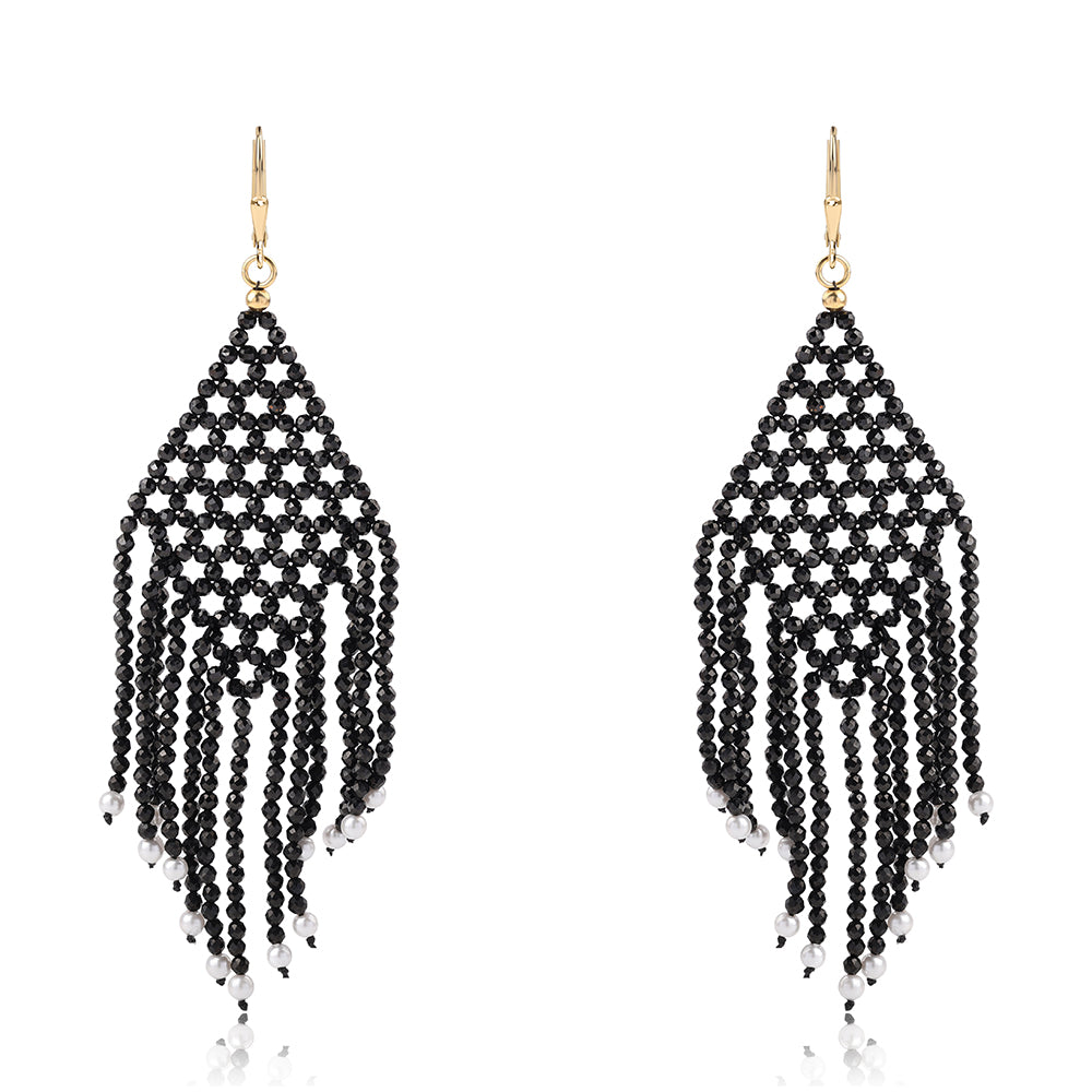 Cercei din Argint 925 Placat cu Aur ( 0.78 grame ) cu Spinel Negru și Perlă de Apă Dulce Albă 38.9 Carate 1 