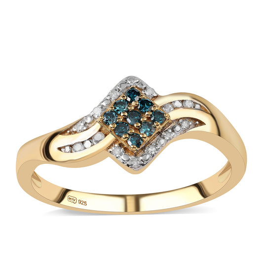 Inel din Argint 925 Placat cu Aur ( 2.16 grame ) cu Diamant Albastru și Diamant Alb 0.18 Carate