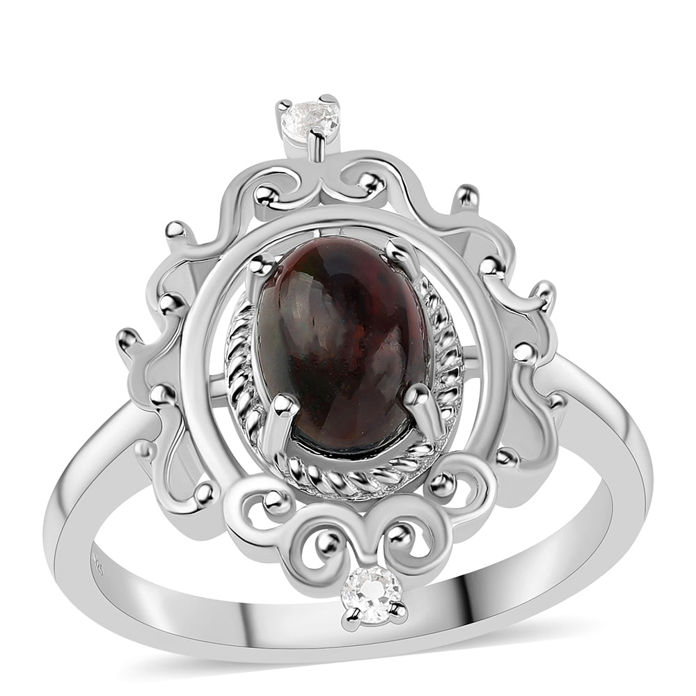 Inel din Argint 925 ( 4.07 grame ) cu Opal Etiopian Negru Lega Dembi și Topaz Alb 0.9 Carate 1 