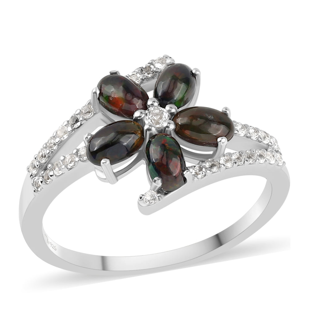 Inel din Argint 925 ( 2.99 grame ) cu Opal Etiopian Negru Lega Dembi și Topaz Alb 1.09 Carate 1 