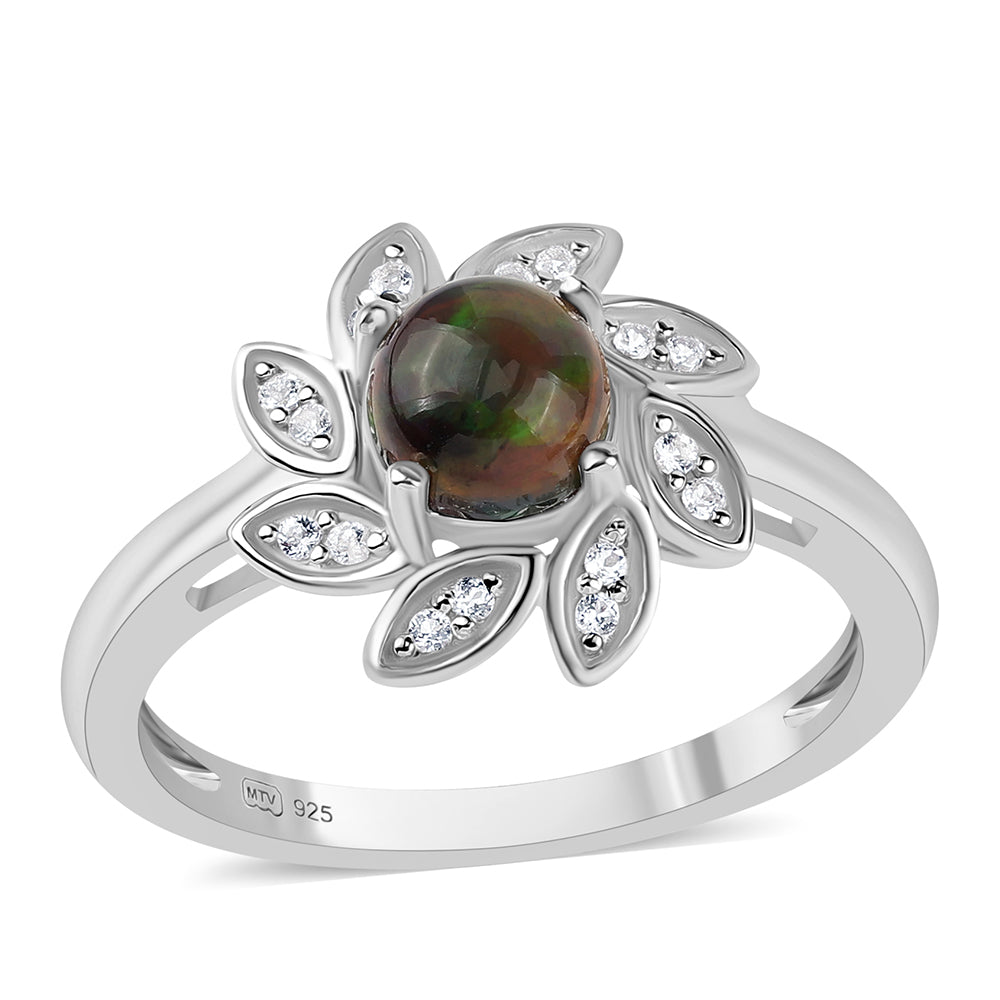 Inel din Argint 925 ( 3.06 grame ) cu Opal Etiopian Negru Lega Dembi și Topaz Alb 0.71 Carate 1 
