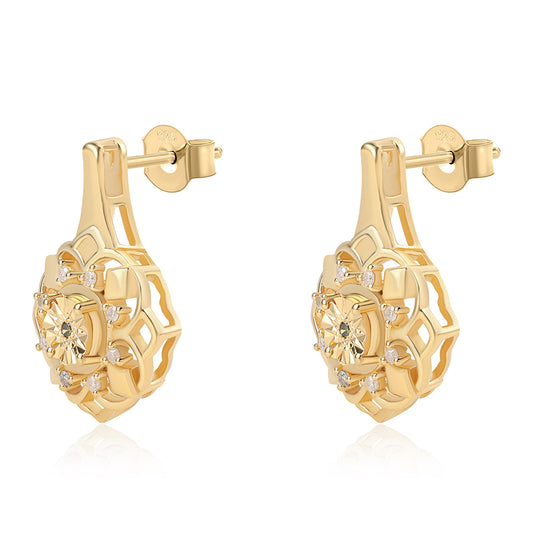 Cercei din Argint 925 Placat cu Aur ( 4.99 grame ) cu Diamant Verde și Diamant Alb 0.09 Carate