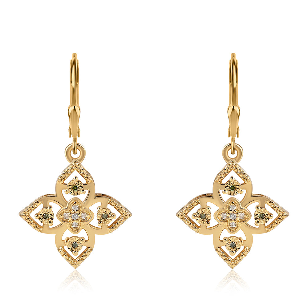 Cercei din Argint 925 Placat cu Aur ( 3.68 grame ) cu Diamant Verde și Diamant Alb 0.14 Carate 1 