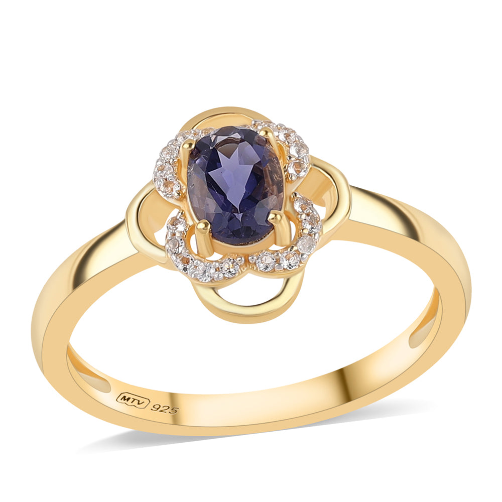 Inel din Argint 925 Placat cu Aur ( 2.72 grame ) cu Iolit și Topaz Alb 0.7 Carate