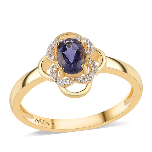 Inel din Argint 925 Placat cu Aur ( 2.72 grame ) cu Iolit și Topaz Alb 0.7 Carate