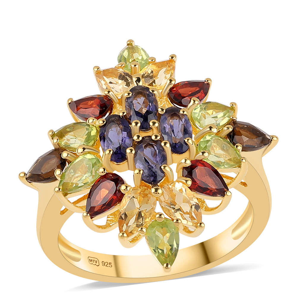 Inel din Argint 925 Placat cu Aur ( 4.91 grame ) cu Granat Roșu și Peridot 4.66 Carate 1 