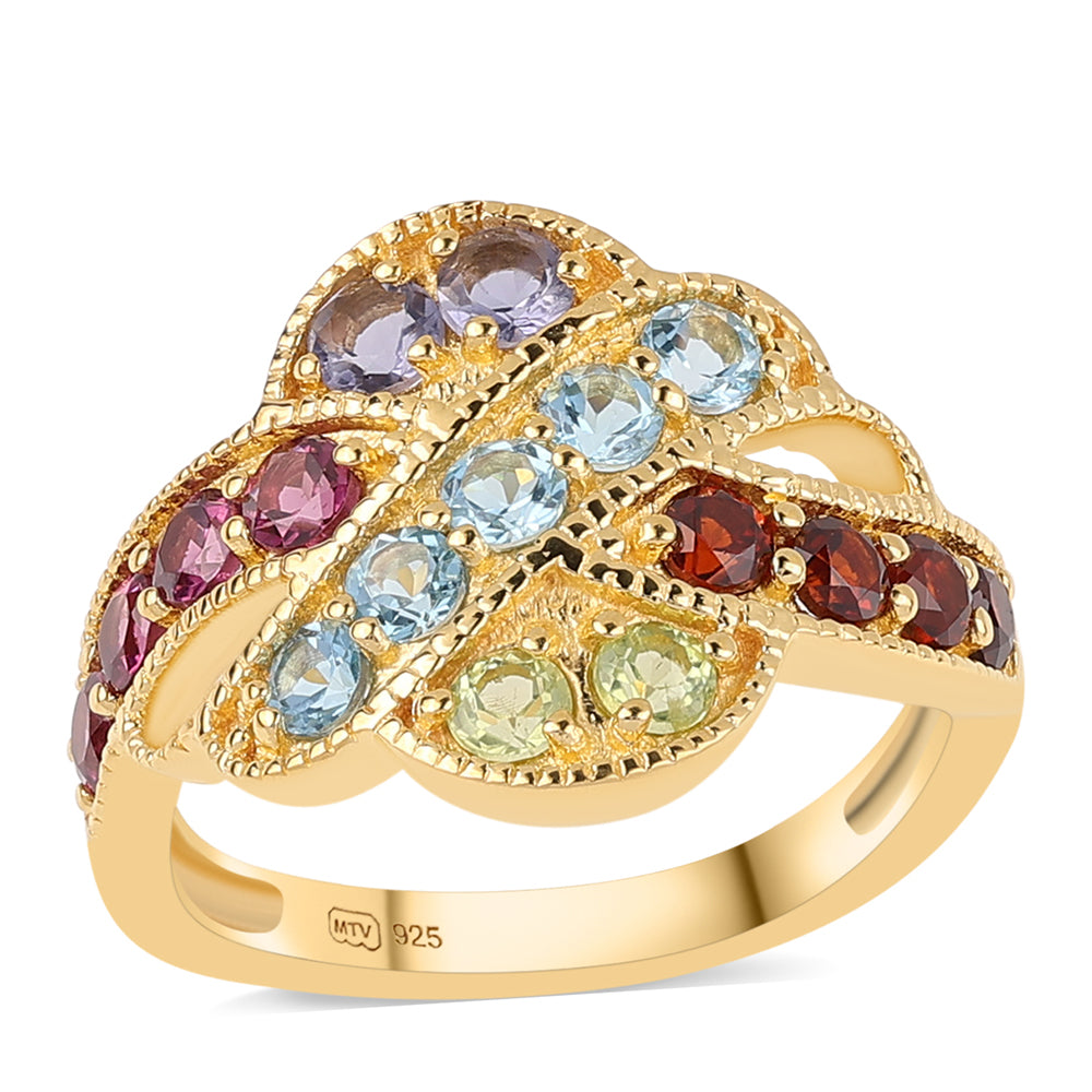 Inel din Argint 925 Placat cu Aur ( 4.19 grame ) cu Granat Roșu și Peridot 2.08 Carate