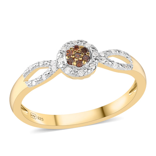 Inel din Argint 925 Placat cu Aur ( 2.37 grame ) cu Diamant Roșu și Diamant Alb 0.16 Carate