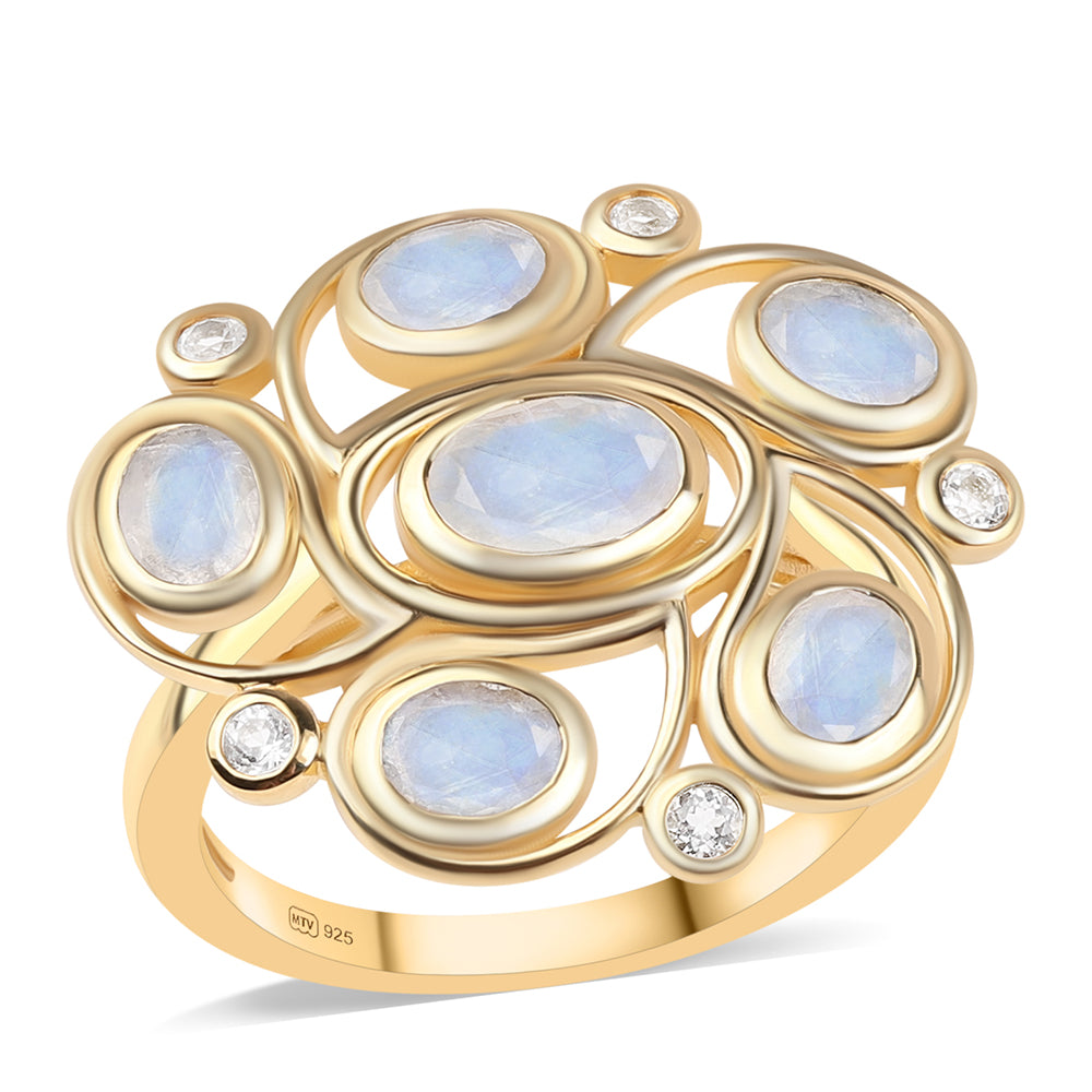 Inel din Argint 925 Placat cu Aur ( 5.59 grame ) cu Piatra Lunii Curcubeu Clasa ”AA” și Topaz Alb 4.5 Carate