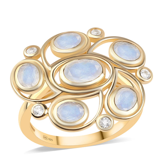 Inel din Argint 925 Placat cu Aur ( 5.59 grame ) cu Piatra Lunii Curcubeu Clasa ”AA” și Topaz Alb 4.5 Carate