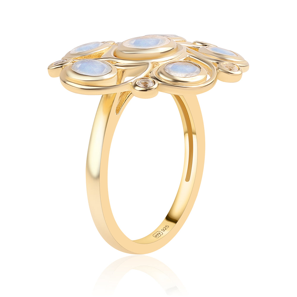 Inel din Argint 925 Placat cu Aur ( 5.59 grame ) cu Piatra Lunii Curcubeu Clasa ”AA” și Topaz Alb 4.5 Carate 2 