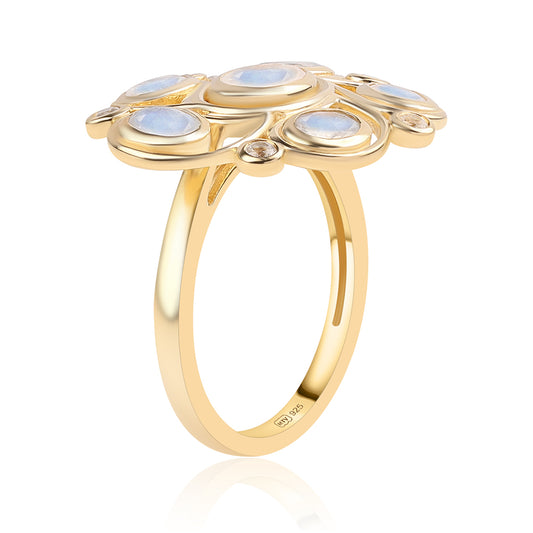 Inel din Argint 925 Placat cu Aur ( 5.59 grame ) cu Piatra Lunii Curcubeu Clasa ”AA” și Topaz Alb 4.5 Carate