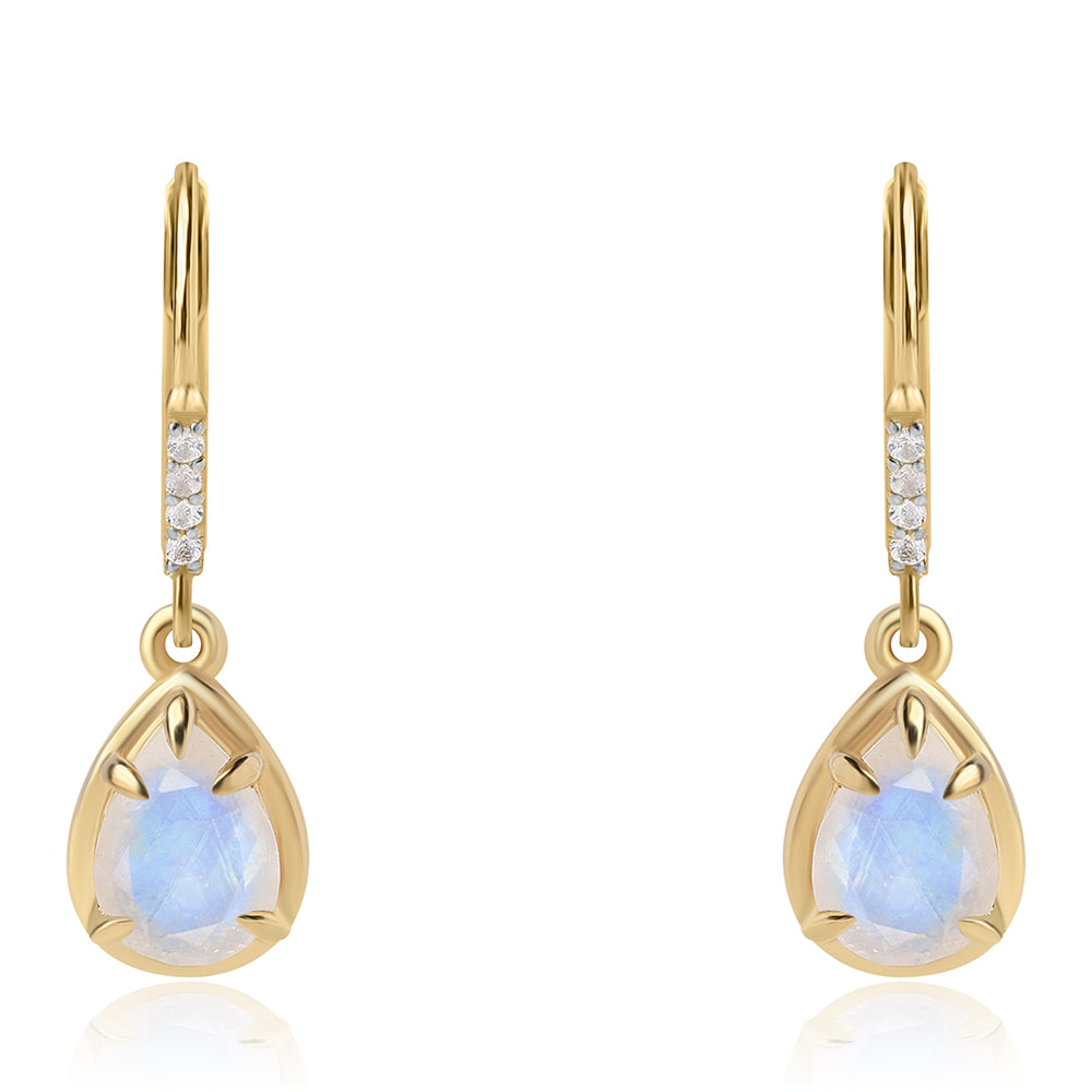 Cercei din Argint 925 Placat cu Aur ( 2.08 grame ) cu Piatra Lunii Curcubeu Clasa ”AA” și Topaz Alb 2.8 Carate